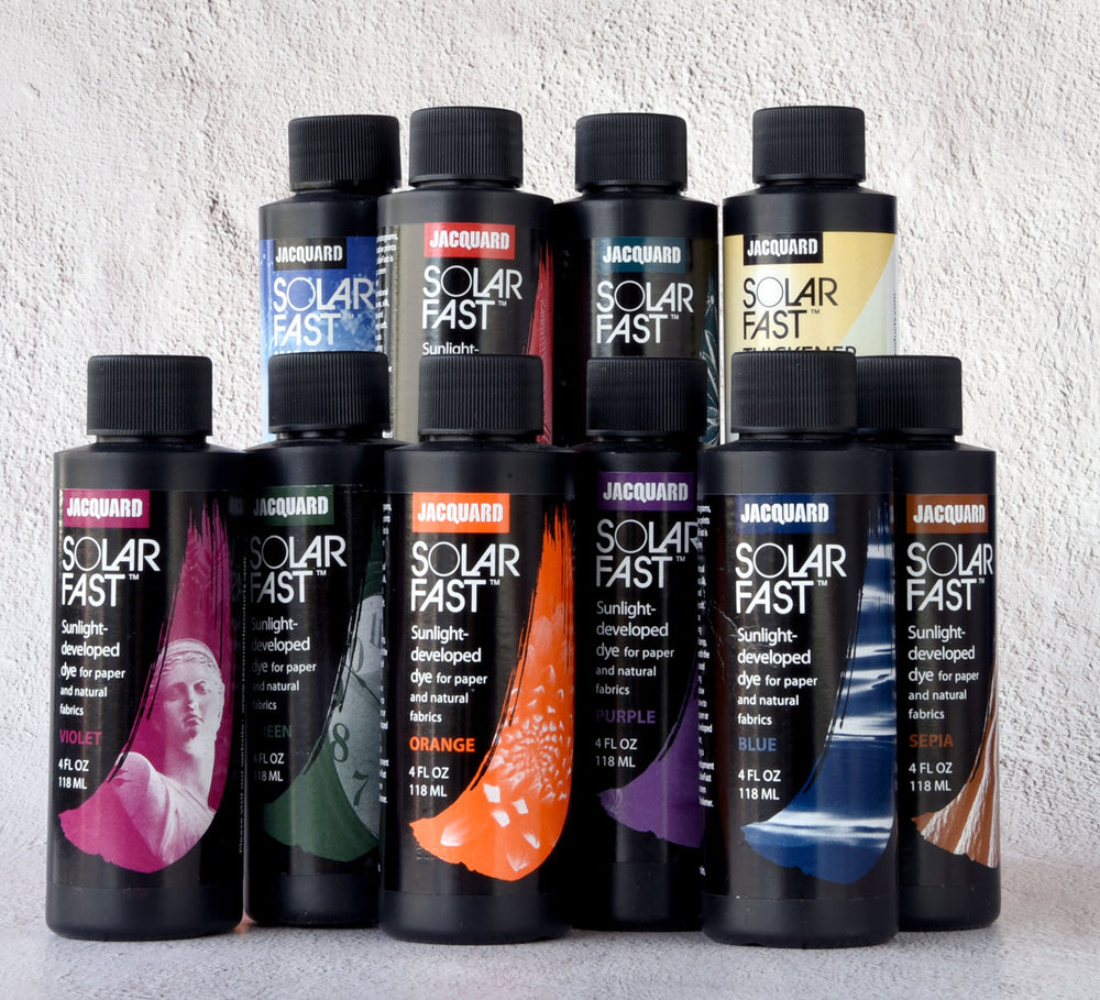 Assorted Jacquard SolarFast sunlight-developed dye bottles in multiple colors, 4 fl oz