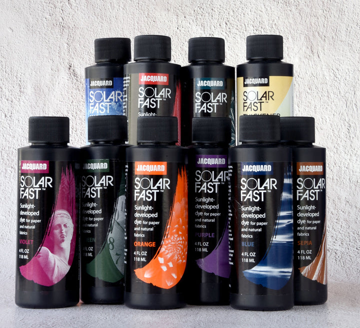 Assorted Jacquard SolarFast sunlight-developed dye bottles in multiple colors, 4 fl oz