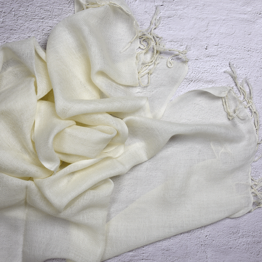 Handloomed Wool/Silk Scarf 70/30 – Natural White, 35 × 180cm with Twisted Fringe