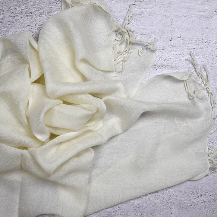 Handloomed Wool/Silk Scarf 70/30 – Natural White, 35 × 180cm with Twisted Fringe