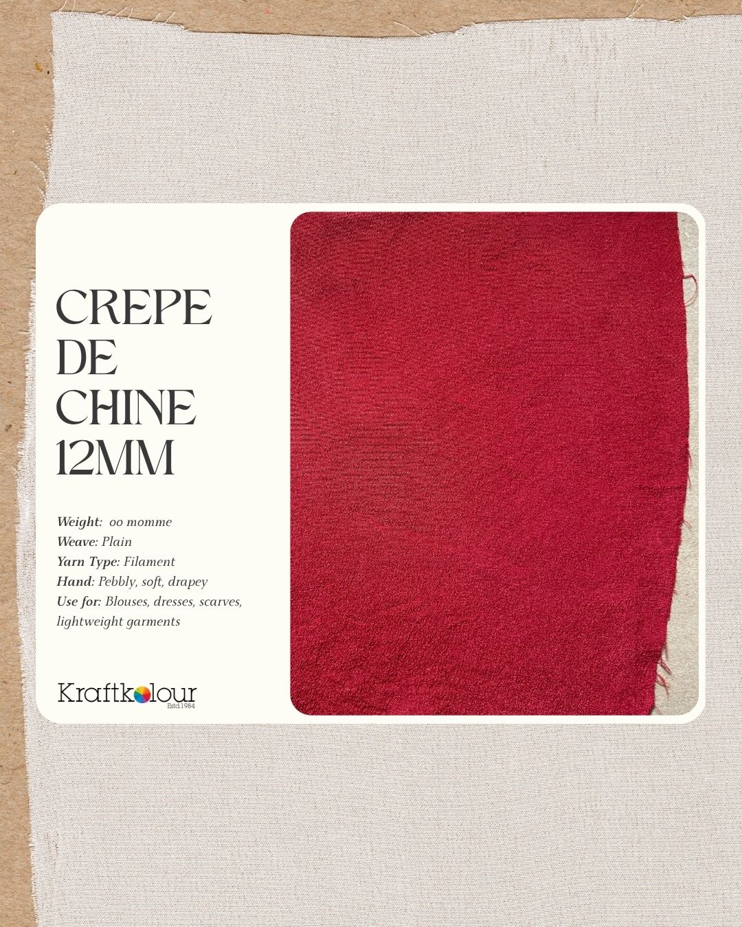 Crepe de Chine 12mm weight, 114cm wide fabric