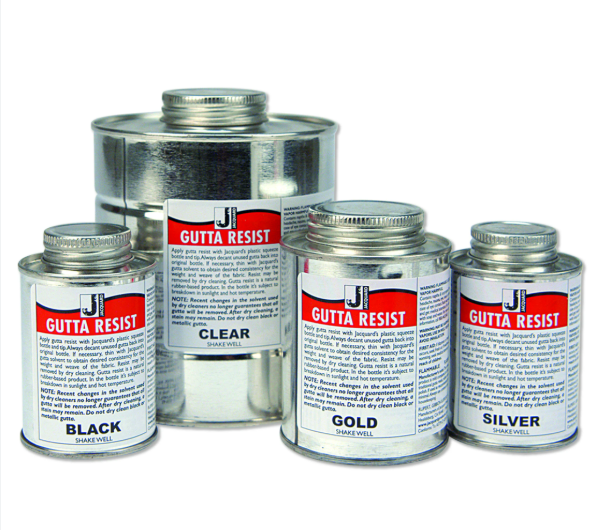 Four jars of Jacquard Gutta Resist in clear, black, gold and silver on white background