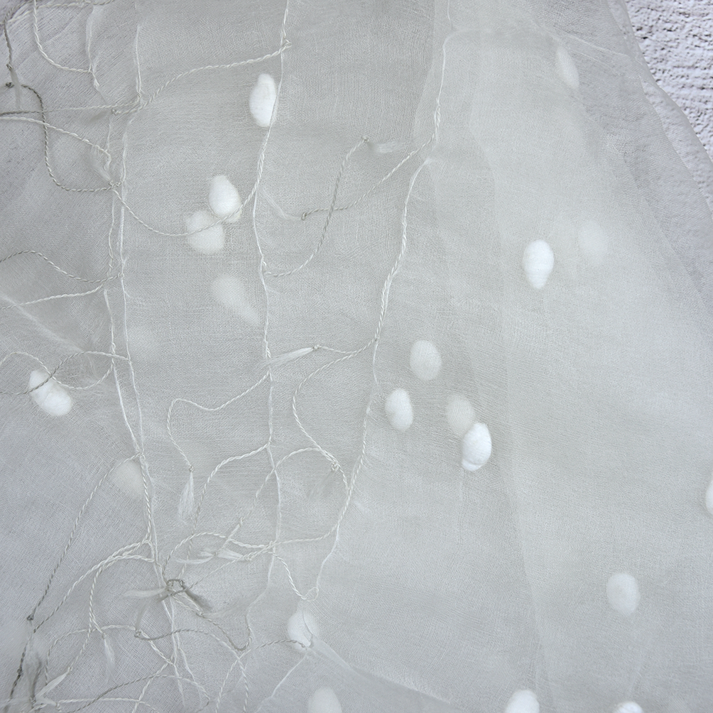 Handloomed Organza Silk Scarf with Cotton Balls 70 x 200cm – Natural White