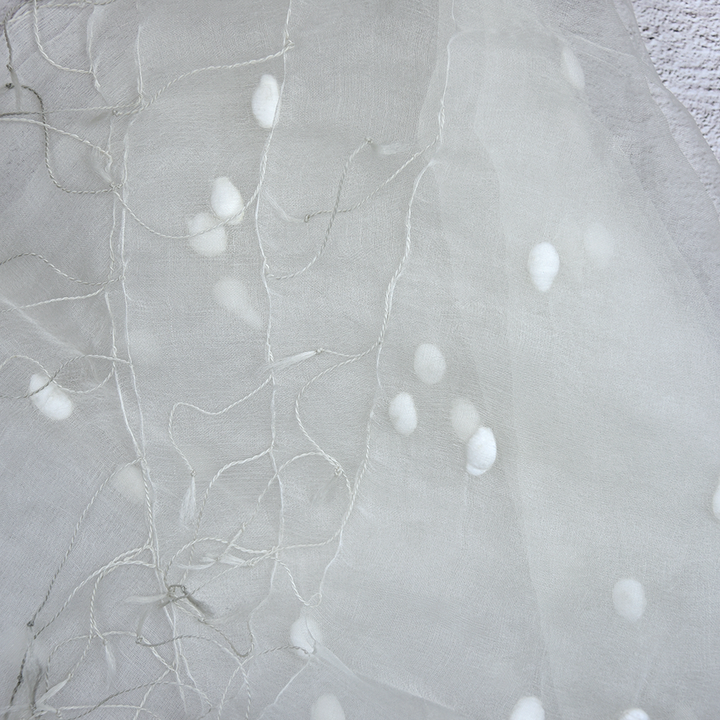 Handloomed Organza Silk Scarf with Cotton Balls 70 x 200cm – Natural White