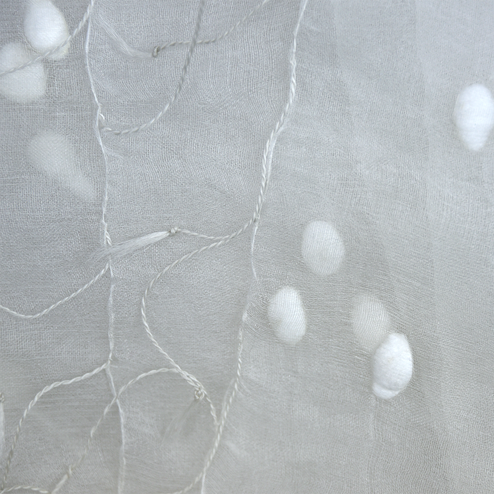 Handloomed Organza Silk Scarf with Cotton Balls 70 x 200cm – Natural White