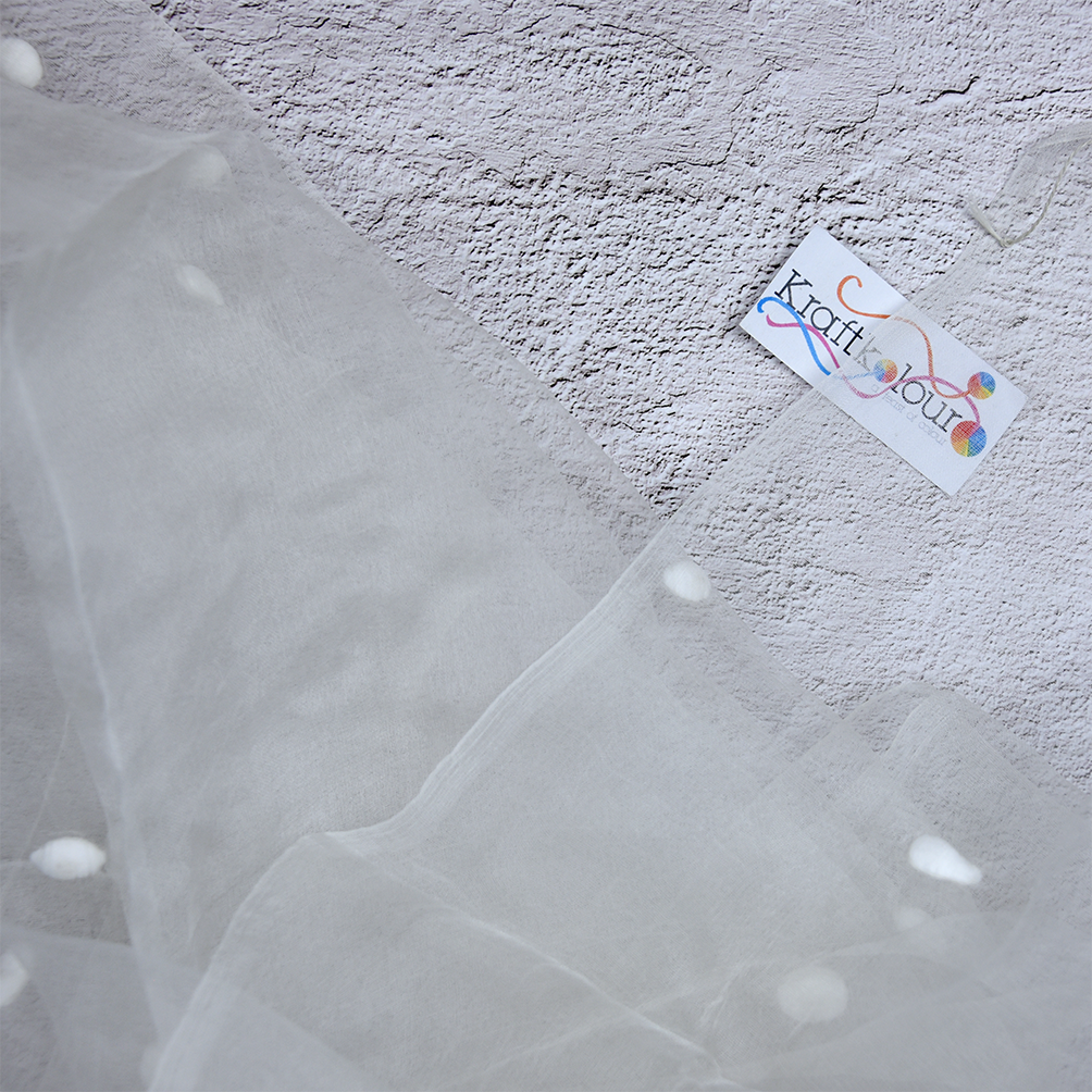 Handloomed Organza Silk Scarf with Cotton Balls 70 x 200cm – Natural White