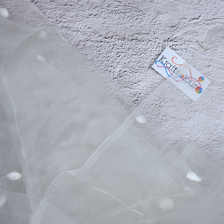 Handloomed Organza Silk Scarf with Cotton Balls 70 x 200cm – Natural White